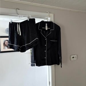 Black Satin Pajama Set with White Piping - Top & Shorts